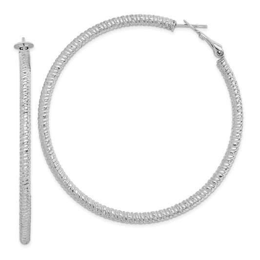 Rhodium-plated Sterling Silver 3.25x60mm Omega Back Hoop Earrings