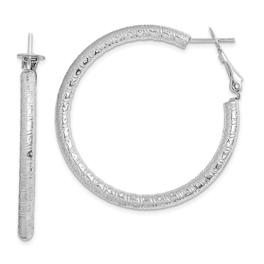 Rhodium-plated Sterling Silver 3.25x40mm Omega Back Hoop Earrings