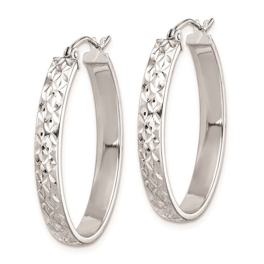 Rhodium-plated Sterling Silver Diamond-cut Oval Hoop Earrings