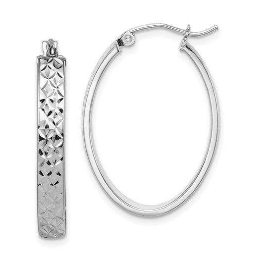 Rhodium-plated Sterling Silver Diamond-cut Oval Hoop Earrings