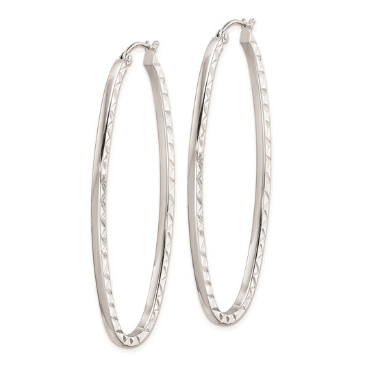Rhodium-plated Sterling Silver Polished Diamond-cut Oval Hoop Earrings