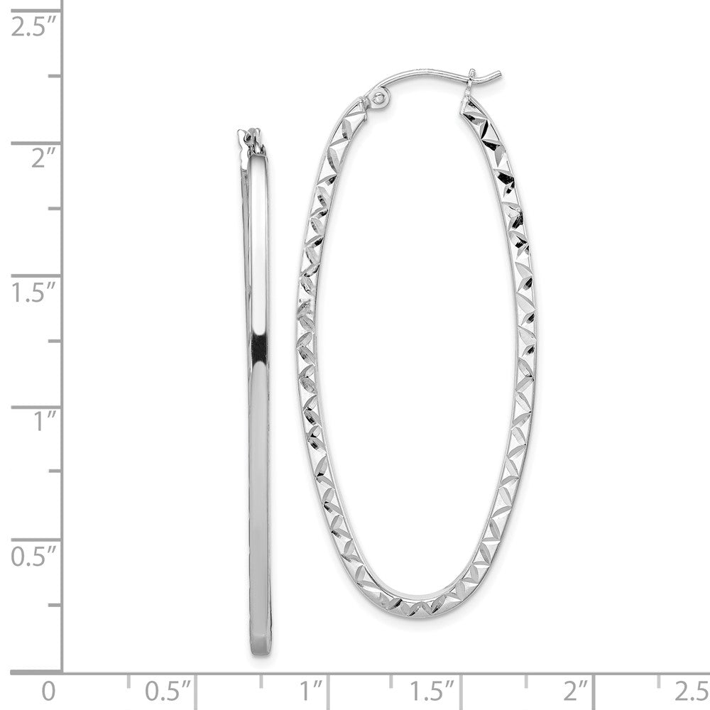 Rhodium-plated Sterling Silver Polished Diamond-cut Oval Hoop Earrings