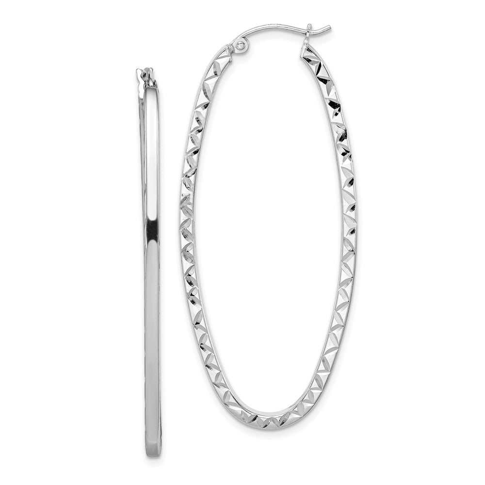 Rhodium-plated Sterling Silver Polished Diamond-cut Oval Hoop Earrings