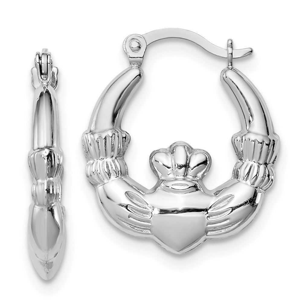 Rhodium-plated Sterling Silver Claddagh Hollow Hoop Earrings