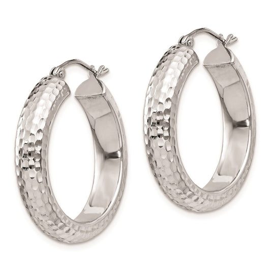 Rhodium-plated Sterling Silver Diamond-cut 5x25mm Hoop Earrings