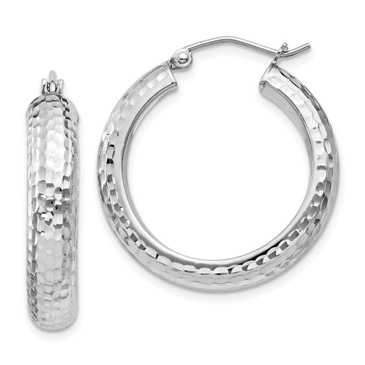 Rhodium-plated Sterling Silver Diamond-cut 5x25mm Hoop Earrings