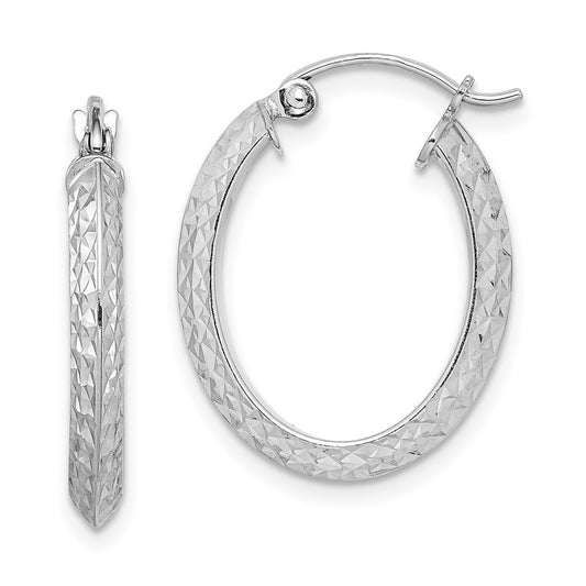 Rhodium-plated Sterling Silver Diamond-cut Oval Hoop Earrings