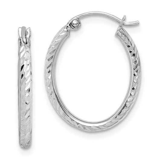 Rhodium-plated Sterling Silver Diamond-cut Oval Hoop Earrings