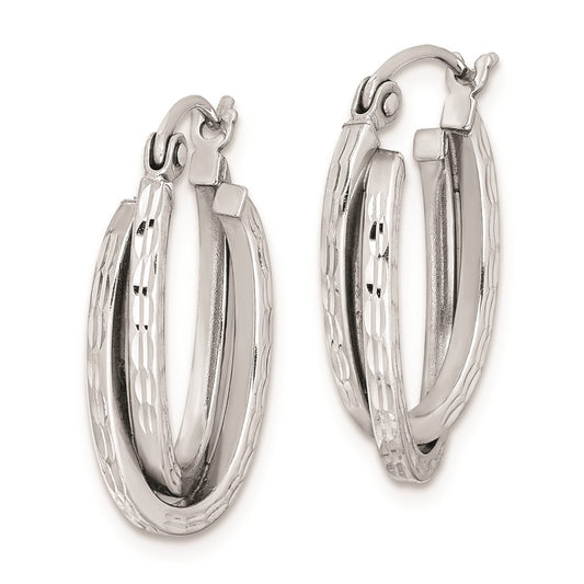 Rhodium-plated Sterling Silver Textured Double Oval Hoop Earrings