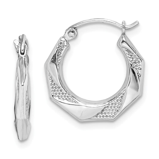 Rhodium-plated Sterling Silver Hollow Textured Polished Hoop Earrings