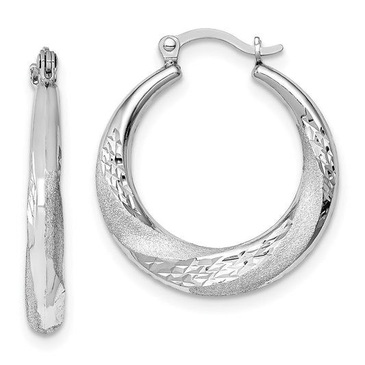 Rhodium-plated Sterling Silver Diamond-cut Scalloped Hoop Earrings