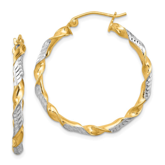 Rhodium-plated Silver Vermeil Diamond-cut 3x30mm Twisted Hoop Earrings