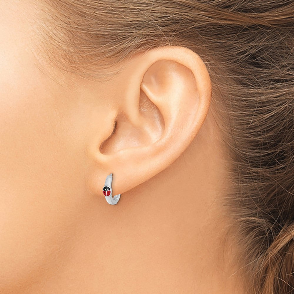 Rhodium-plated Silver Enameled Ladybug Hinged Hoop Earrings