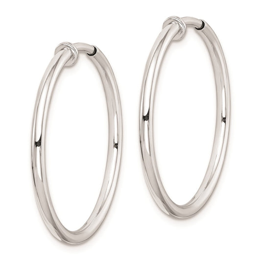 Rhodium-plated Silver Polish 2x25mm Non-Pierced Hoop Earrings