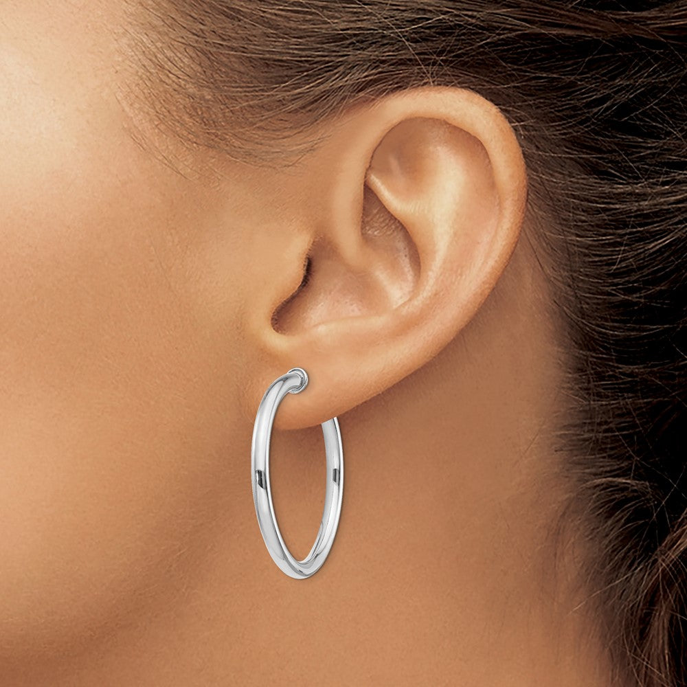 Rhodium-plated Silver 3x30mm Non-Pierced Hoop Earrings