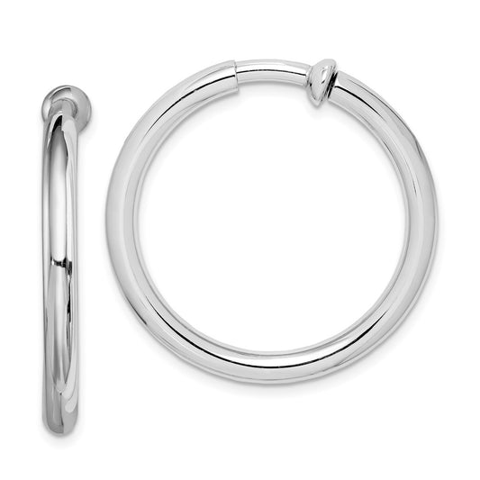 Rhodium-plated Silver 3x25mm Non-Pierced Hoop Earrings