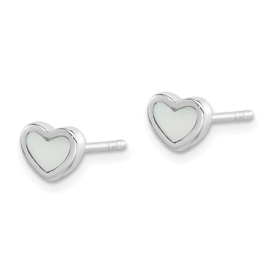 Rhodium-plated Sterling Silver White Mother of Pearl Heart Post Earrings