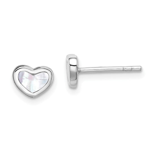 Rhodium-plated Sterling Silver White Mother of Pearl Heart Post Earrings