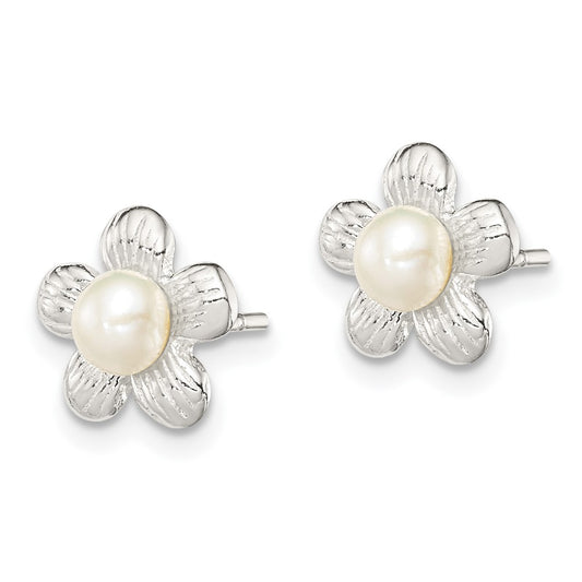 Sterling Silver Flower and Simulated Pearl Post Earrings