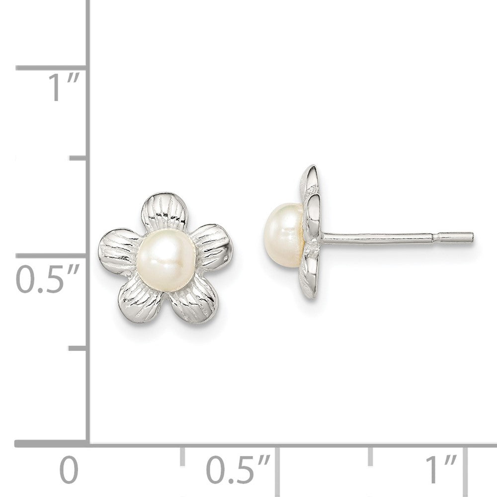 Sterling Silver Flower and Simulated Pearl Post Earrings