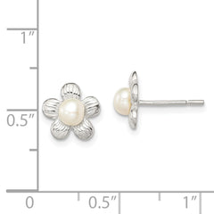 Sterling Silver Flower and Simulated Pearl Post Earrings