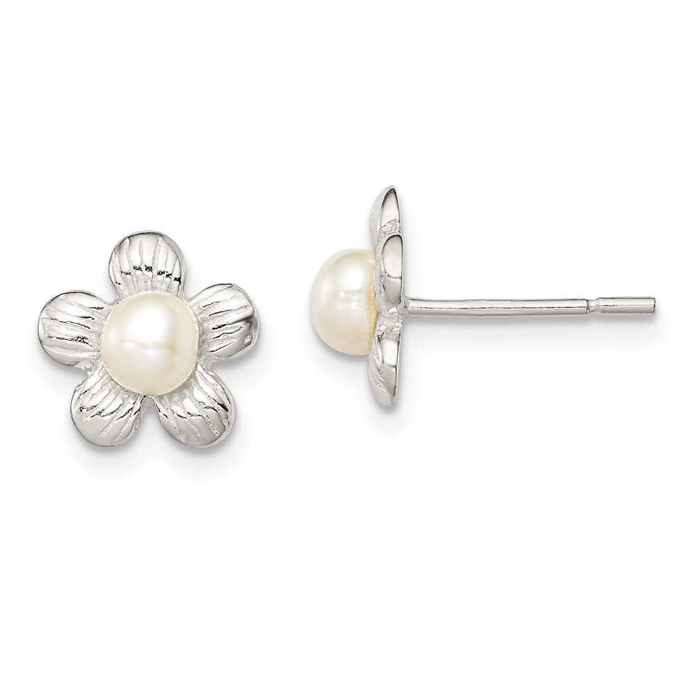 Sterling Silver Flower and Simulated Pearl Post Earrings