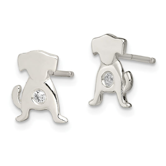 Sterling Silver Polished CZ Dog Post Earrings