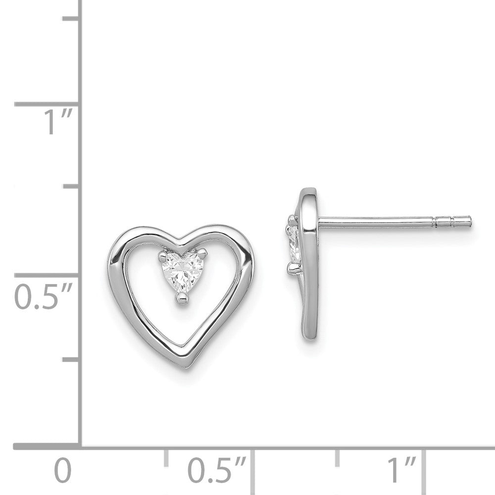 Rhodium-plated Sterling Silver CZ Polished Heart Post Earrings