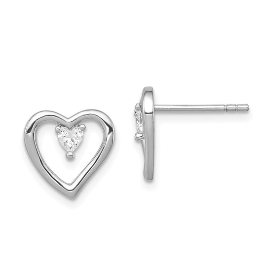 Rhodium-plated Sterling Silver CZ Polished Heart Post Earrings