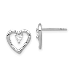 Rhodium-plated Sterling Silver CZ Polished Heart Post Earrings