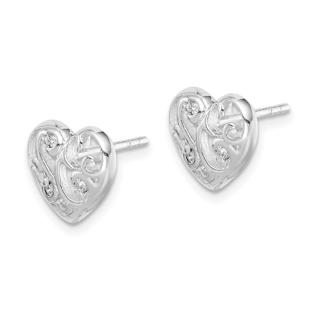 Rhodium-plated Sterling Silver CZ Heart Post Earrings