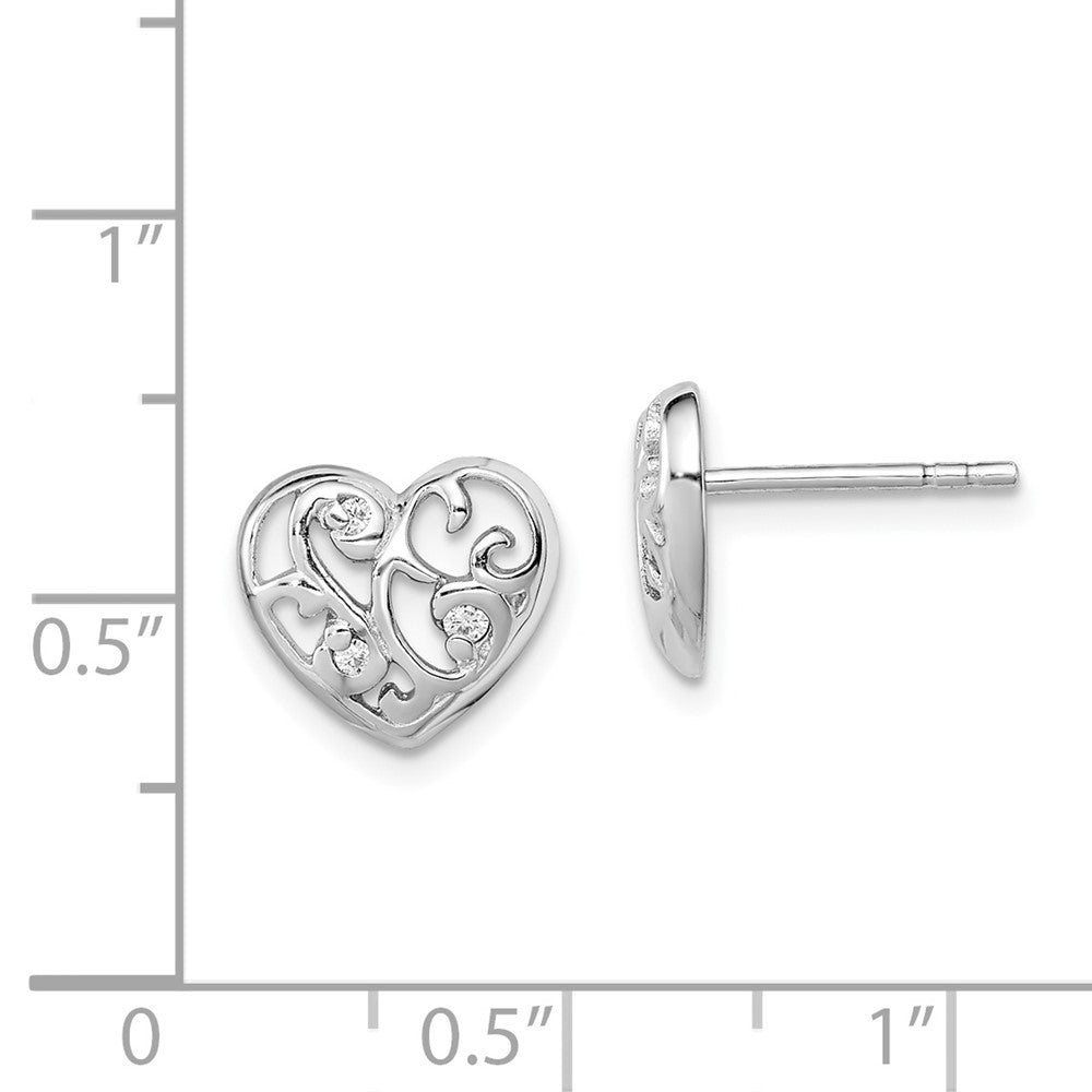 Rhodium-plated Sterling Silver CZ Heart Post Earrings