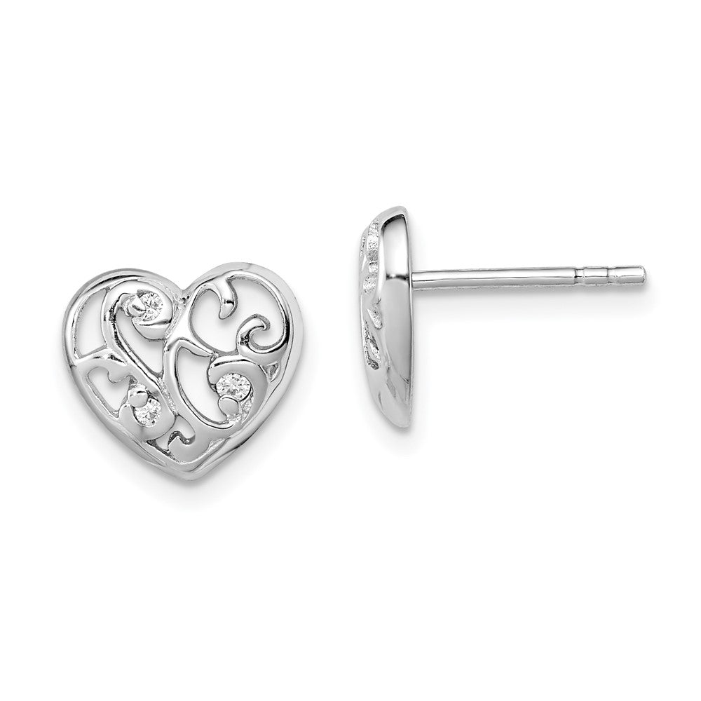 Rhodium-plated Sterling Silver CZ Heart Post Earrings