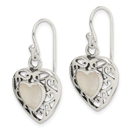 Sterling Silver Antiqued Mother of Pearl Heart Dangle Earrings