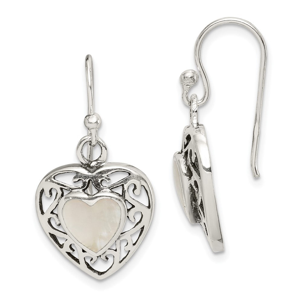 Sterling Silver Antiqued Mother of Pearl Heart Dangle Earrings