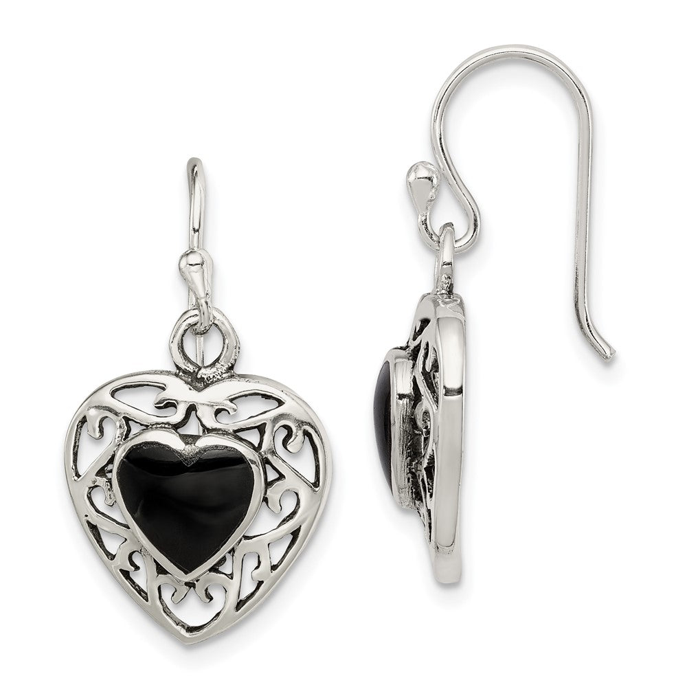 Sterling Silver Antiqued Onyx Heart Dangle Earrings