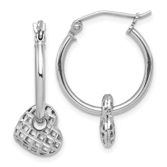 Rhodium-plated Sterling Silver Moveable Heart Hoop Earrings