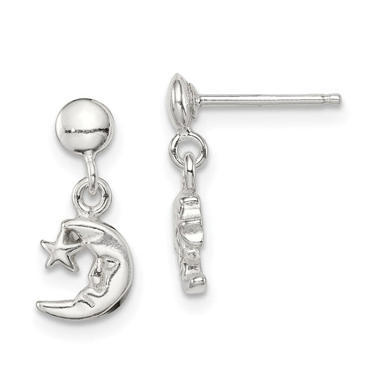 Sterling Silver Dangle Moon and Star Post Earrings