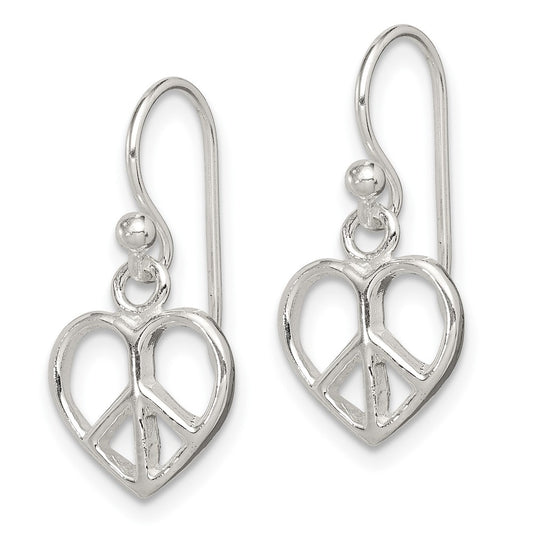 Sterling Silver Peace Sign Heart Shepherd Hook Earrings