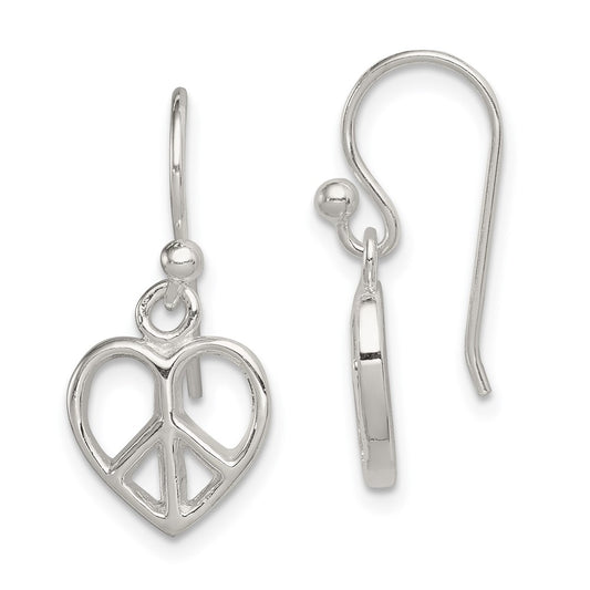 Sterling Silver Peace Sign Heart Shepherd Hook Earrings
