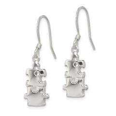 Sterling Silver Polished CZ Puzzle Pieces Dangle Earrings