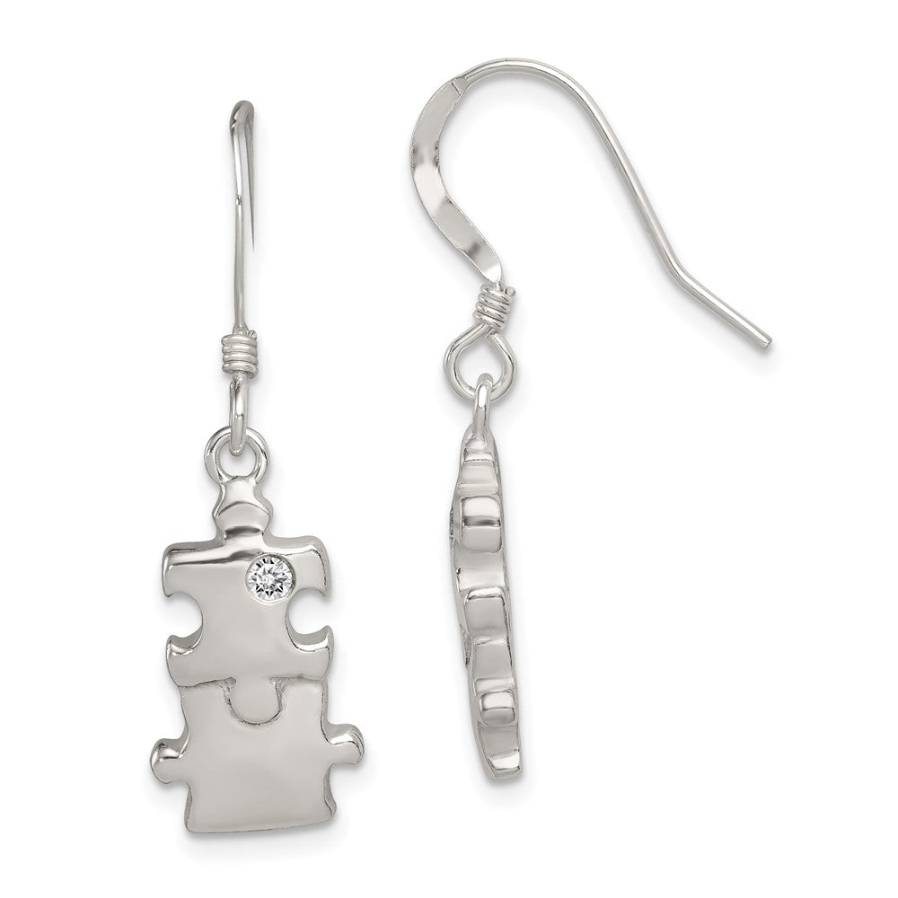 Sterling Silver Polished CZ Puzzle Pieces Dangle Earrings