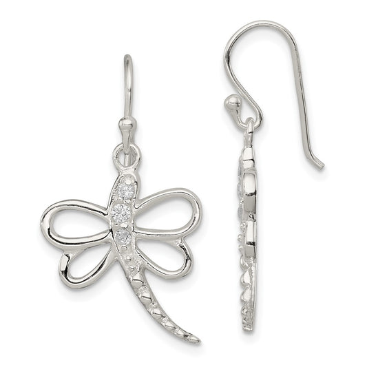 Sterling Silver CZ Dragonfly Shepherd Hook Earrings