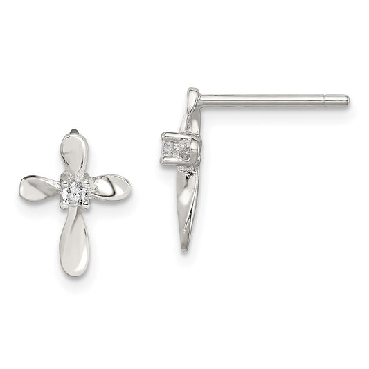 Rhodium-plated Sterling Silver CZ Cross Post Earrings