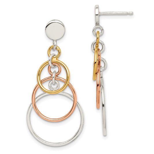 Sterling Silver Polished Flash Gold Plated Circle Dangle Post Earrings