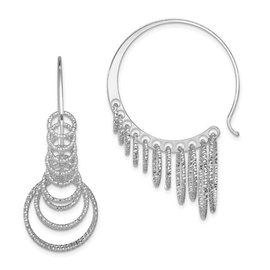 Rhodium-plated Sterling Silver Diamond-cut Graduated Circle Dangle Hoop Earrings