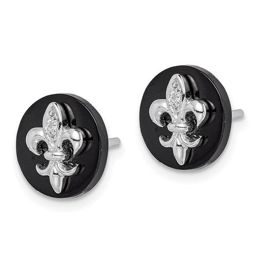 Sterling Silver CZ Fleur de Lis on Onyx Circle Stud Earrings