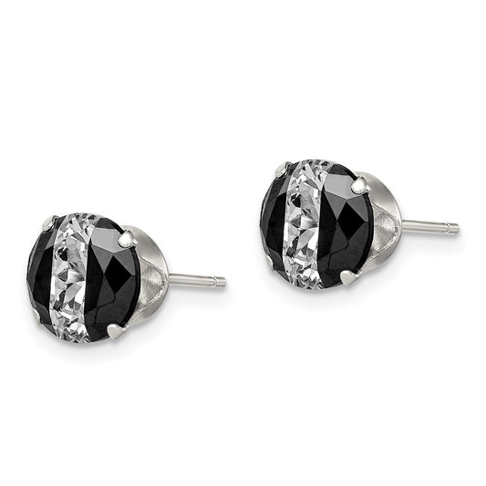 Sterling Silver Black and White Colored CZ 8mm Round Post Earrings