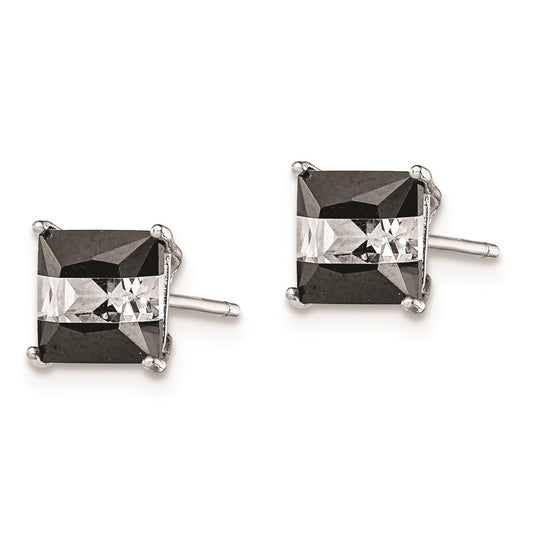 Rhodium-plated Silver Black White CZ 6mm Square Post Earrings