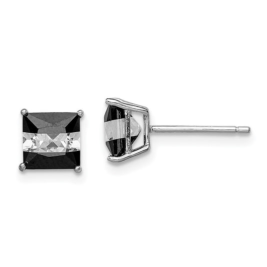 Rhodium-plated Silver Black White CZ 6mm Square Post Earrings